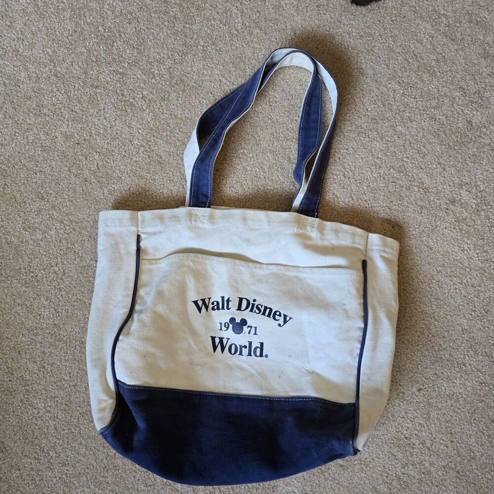 Vintage Walt Disney World 1971 Large Canvas Tote Beach Shopping Bag White Black